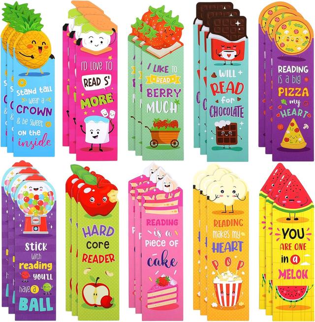 Product image of Eersida 30 Pieces Scratch and Sniff Scented Bookmarks Kids Fruit Food Theme Sayings Bookmarks Sayings Assorted Cute Scented Gifts for Students Teens Food Lovers, 10 Styles