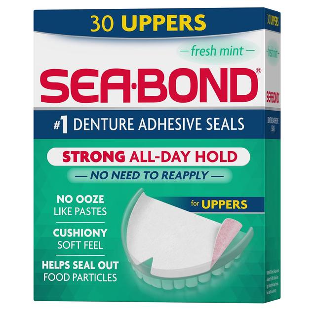 Product image of Sea Bond Secure Denture Adhesive Seals, Fresh Mint Uppers, Zinc-Free, All-Day-Hold, Mess-Free, 30 Count (Pack of 1)