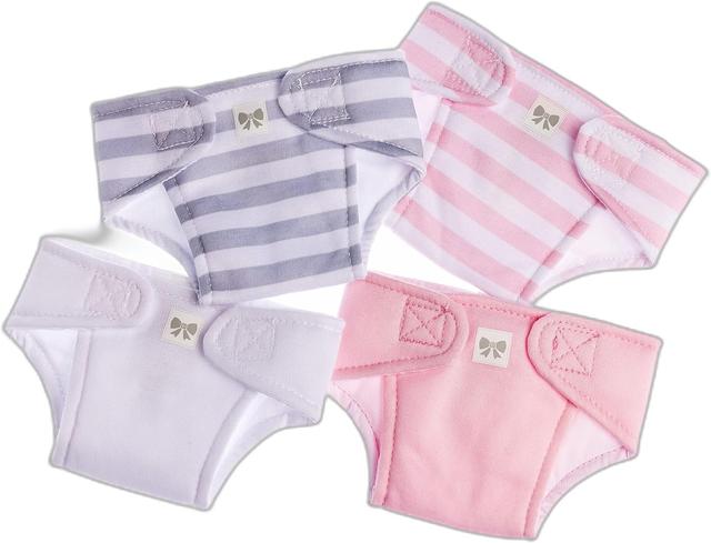 Product image of JC Toys Baby Doll 4 Pack Fabric Diapers | Washable, Reusable, Adjustable Eco Diapers | Fits Dolls 14 to 18 inch in Pink/White/Grey