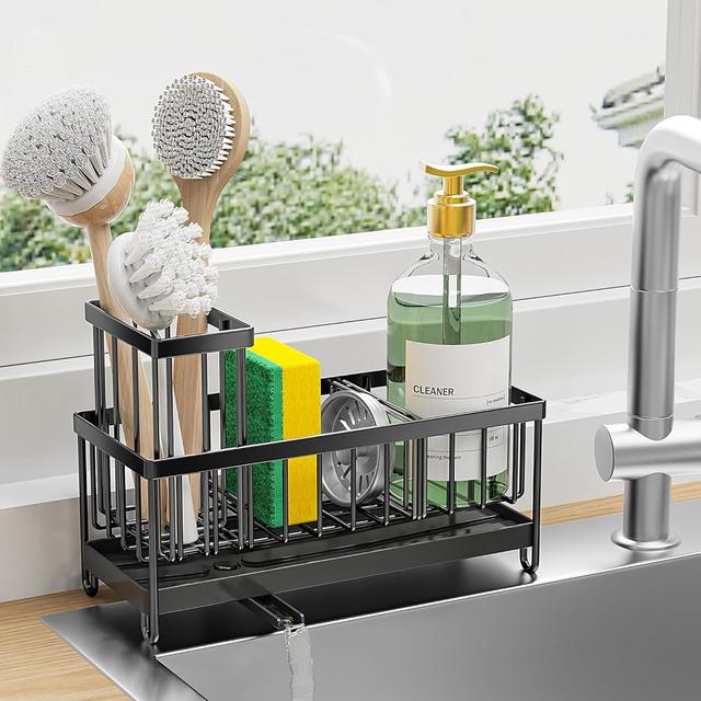 Product image of Cisily Black Sponge Holder for Kitchen Sink, Sink Caddy Organizer with High Brush Holder, Kitchen Countertop Organizers and Storage Essentials, Rustproof 304 Stainless Steel, Soap Dispenser Organize