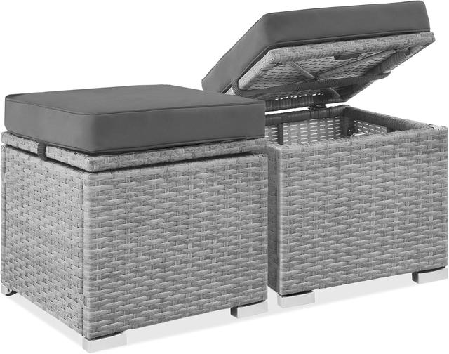 Product image of Best Choice Products Set of 2 Wicker Ottomans, Multipurpose Outdoor Furniture for Patio, Backyard, Additional Seating, Footrest, Side Table w/Storage, Removable Cushions - Gray/Gray