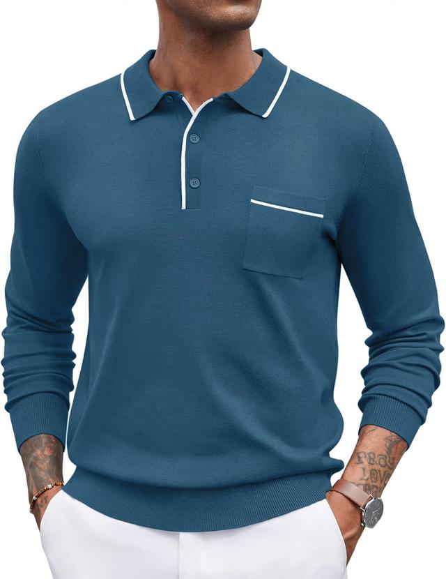 Product image of COOFANDY Mens Knit Polo Long Sleeve Collared Sweater Polo Business Casual Polos with Pocket