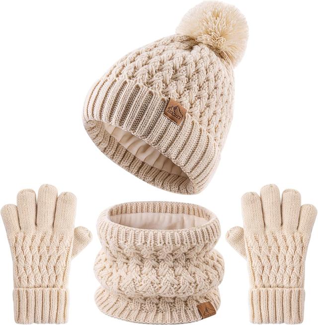 Product image of Kids Pompom Winter Beanie Hat Scart Gloves Set,Boys Girls Knitted Fleece Lined Woollen Hat for Children's Toddler 3-9 Years