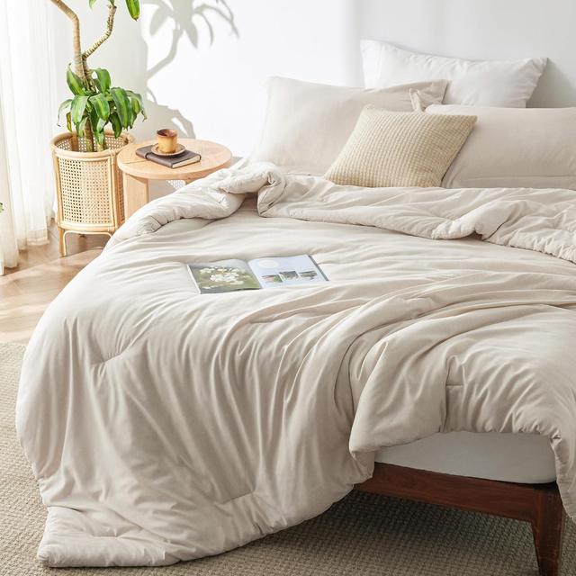 Product image of Bedsure Queen Comforter Set - Beige Soft Bedding for All Seasons, Cationic Dyed Bed Set, 3 Pieces, 1 Queen Size Comforter (90"x90") and 2 Pillow Shams (20"x26"+2")