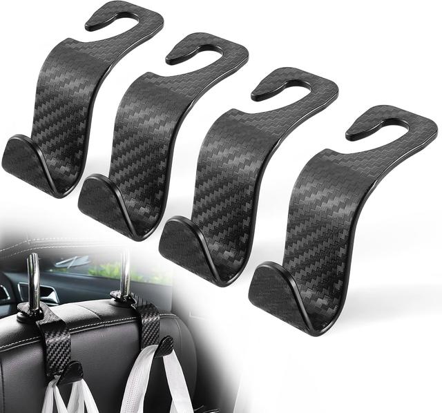 Product image of LivTee Car Purse Hook, 4 Pack Universal Auto Seat Headrest Hook Hangers Organizer for Coats, Umbrellas, Groceries - Carbon Fiber Black