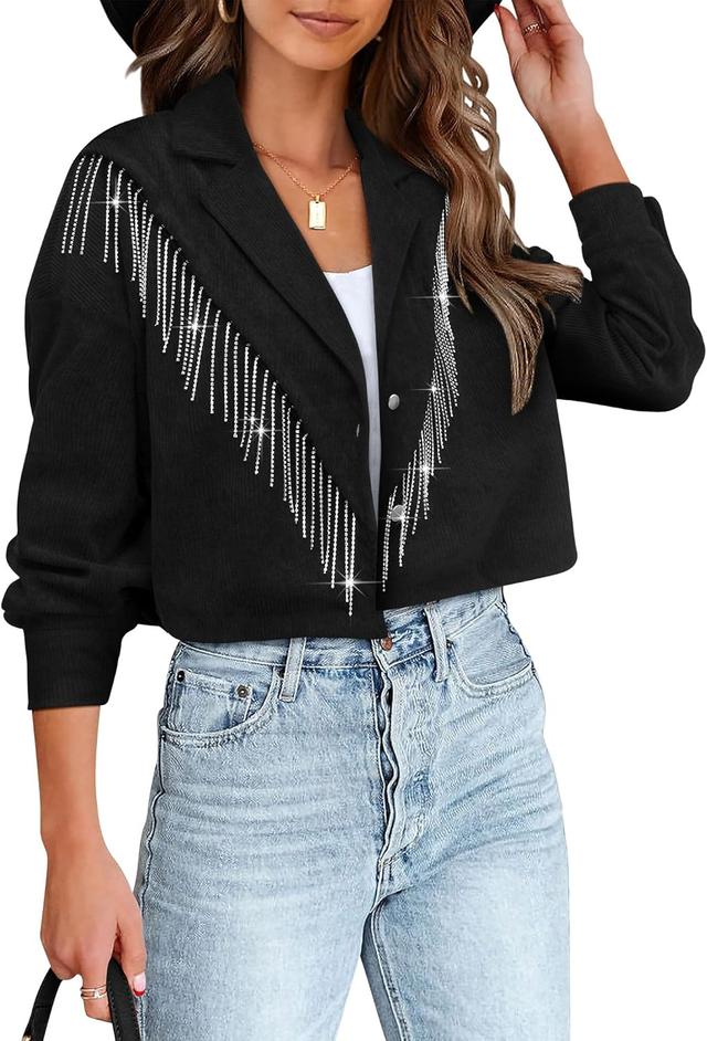 Product image of Nlife Womens Corduroy Crop Shirt Jacket Sparkly Rhinestone Fringe Shackets Nashville Concert Outfits Tassel Short Coats