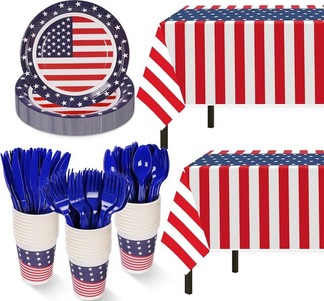 Product image of Childom Patriotic Party Supplies,152Pcs American Flag Themed Party Set,Patriotic Party Decorations,American Flag Tablecloth,4th of July Plates Cups,Red White and Blue Decor for Outside,Picnic,Memorial