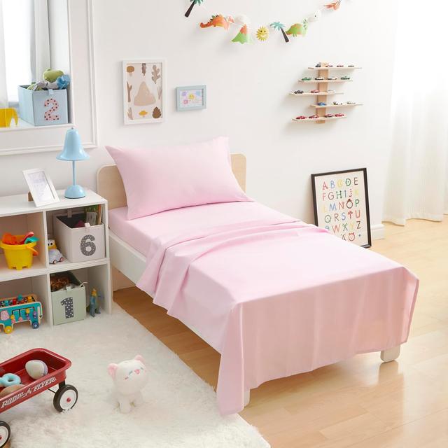 Product image of Amazon Basics Kid's Soft Easy-Wash Lightweight Microfiber 3-Piece Sheet Set, Toddler, Light Pink, Solid