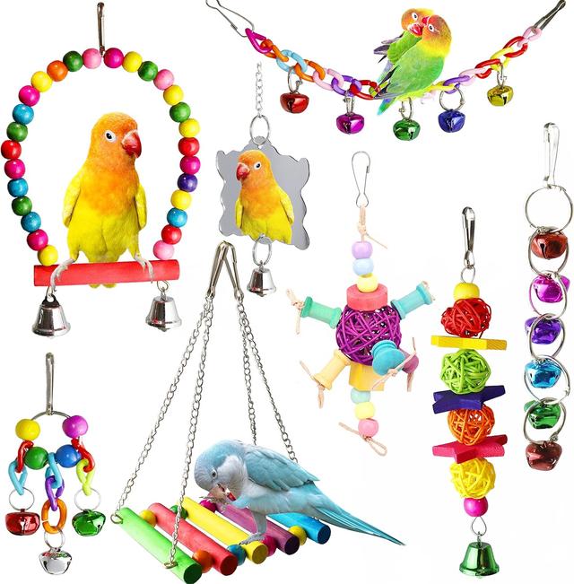Product image of 8 Pcs Parakeet Cockatiel Bird Toys, Parrots Cage Accessories Swing Wooden Perch Chewing Toy for Budgerigar, Conures, Love Birds, Finches, Budgies