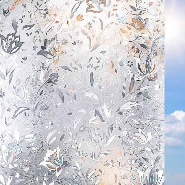 Product image of Window Privacy Film Non-Adhesive Flower Patten Window Sticker 3D Tulip Static Cling Glass Window Film Rainbow Window Film for Home Kitchen Office UV Blocking (White, 17.5" x 78.7")