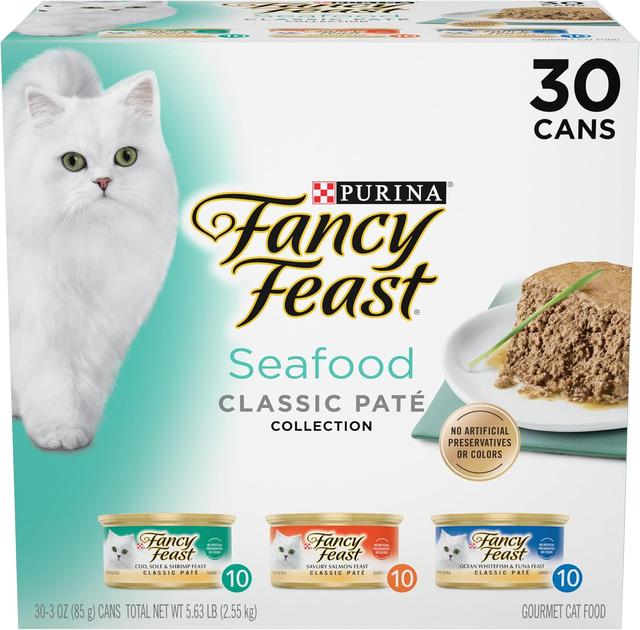 Product image of Purina Fancy Feast Seafood Classic Pate Collection Grain Free Wet Cat Food Variety Pack - (Pack of 30) 3 oz. Cans