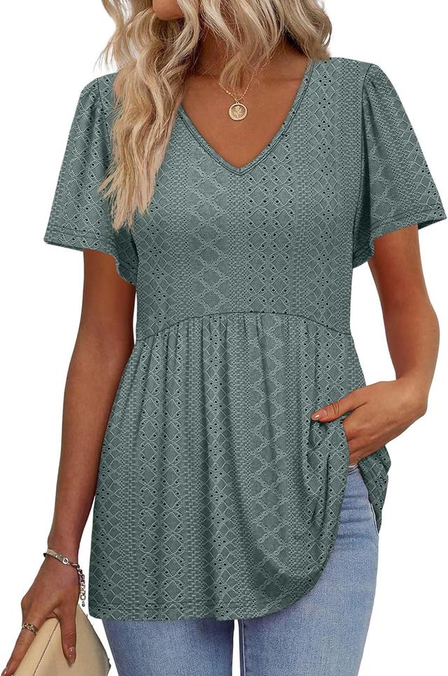 Product image of OFEEFAN Womens Summer Tops Babydoll Short Sleeve Shirts Puff Sleeve Peplum Tops V Neck T Shirts