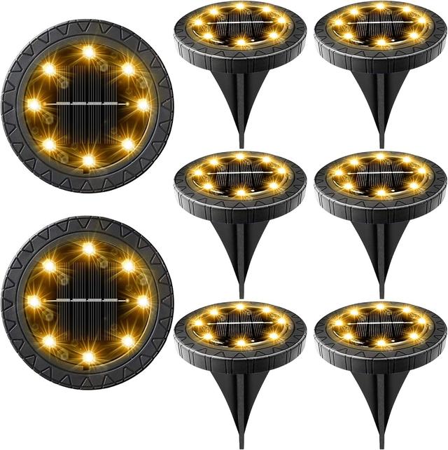 Product image of Solar Powered 8 Pack Outdoor LED Disk Lights - IP68 Waterproof, Non-Slip, Wear-Resistant Pathway Lights (Warm White)