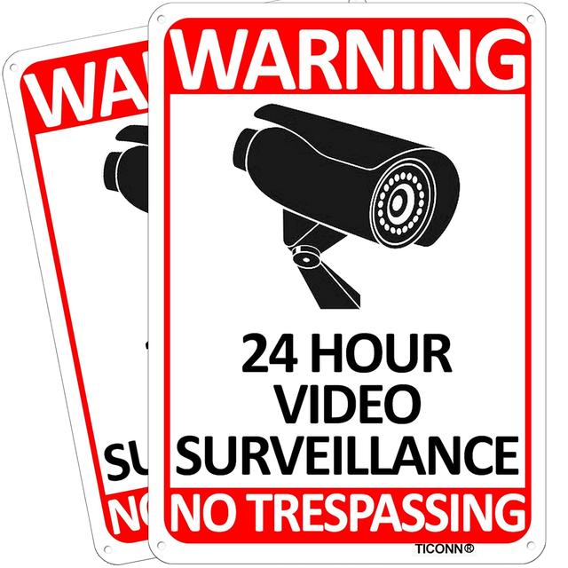 Product image of TICONN 2-Pack 24 Hour Video Surveillance Sign, No Trespassing Aluminum Warning Sign, 10’’x7’’ for CCTV Security Camera - Reflective, UV Protected