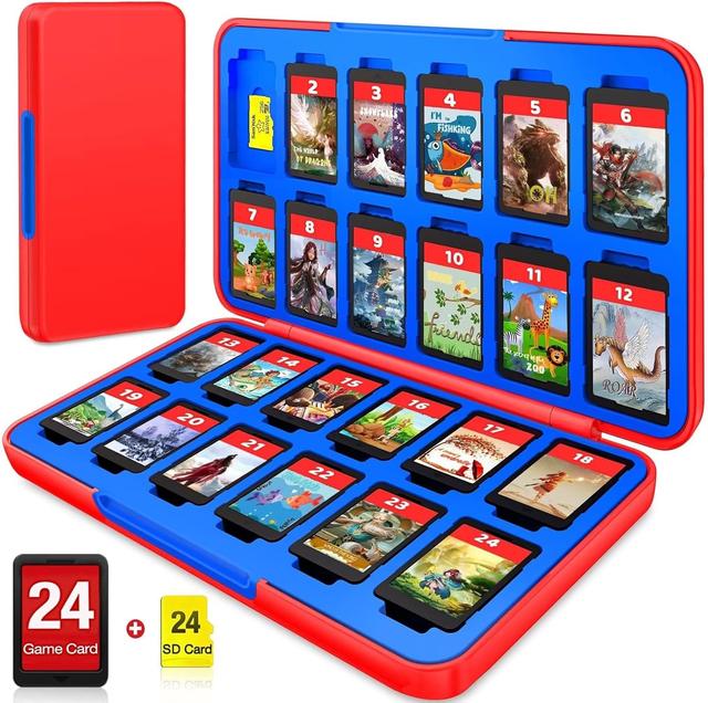 Product image of CYKOARMOR Switch Game Card Case Holder - Storage 24 Games & 24 Micro SD Card, Case Organizer Cartridge for Nintendo Switch/OLED/Lite, Hard Shell, Magnetic Closure, Soft Rubber, Red Blue