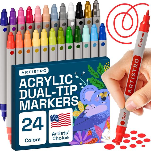 Product image of ARTISTRO 24 Dual Tip Acrylic Paint Markers, Acrylic Paint Pens, Fabric Markers for Textile, Rock, Glass, Wood, Paper, Ceramic, Canvas DIY Art Supplies Kit for Kids and Adults (Dual Tip Dot + Fine, 24)