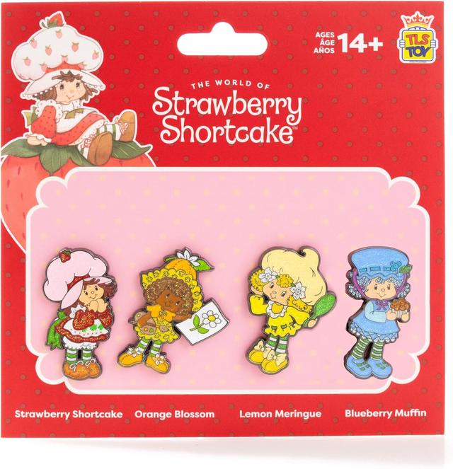Product image of Strawberry Shortcake 'Limited Edition' 4-Pack Glitter Enamel Pin Set with Strawberry Shortcake, Lemon Meringue, Orange Blossom & Blueberry Muffin Pins
