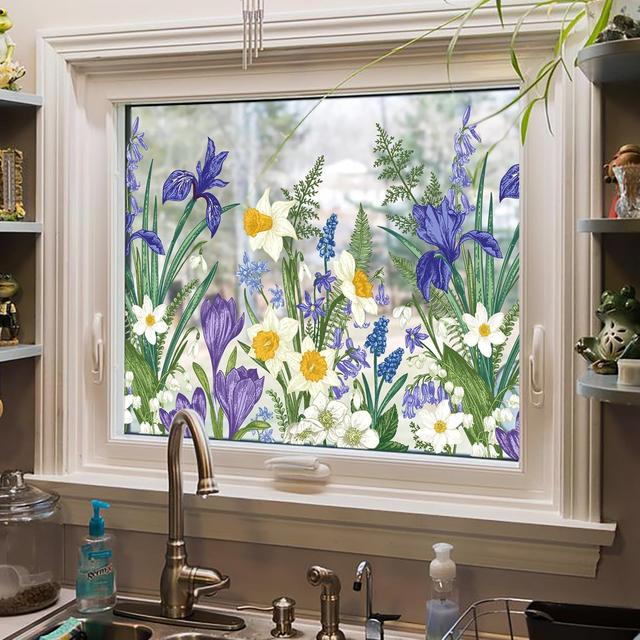 Product image of Window Clings Stickers, Colorful Floral Window Film, Removable DIY Bouquet Window Clings,Decals for Home School Office Party Supplies, Translucent Iris Blossom, 17.5 x 59.06 in
