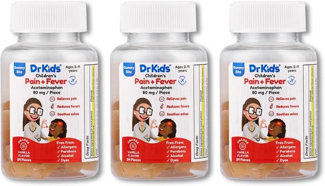 Product image of DrKids Children’s Pain and Fever Gummy Bite - Chewable Acetaminophen for Kids Ages 2-11, Pre-Measured Soft Chews for Headache, Sore Throat, Cold and Flu, Orange Vanilla Flavor, 24 Count (Pack of 3)