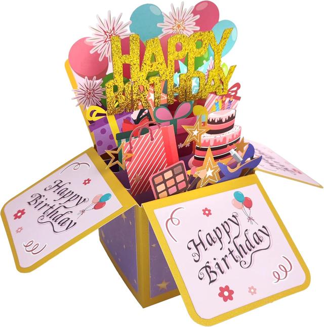 Product image of Funny Happy Birthday Pop Up Card, Sweet 3D Birthday Gift Box for Adults and Kids with Envelopes, Unique Handmade Foldable Celebration Cards for Daughter, Son, Mom, Dad, Friend