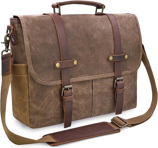 Product image of Mens Messenger Bag 15.6 Inch Waterproof Vintage Genuine Leather Waxed Canvas Briefcase Large Leather Computer Laptop Bag Rugged Satchel Shoulder Bag, Brown