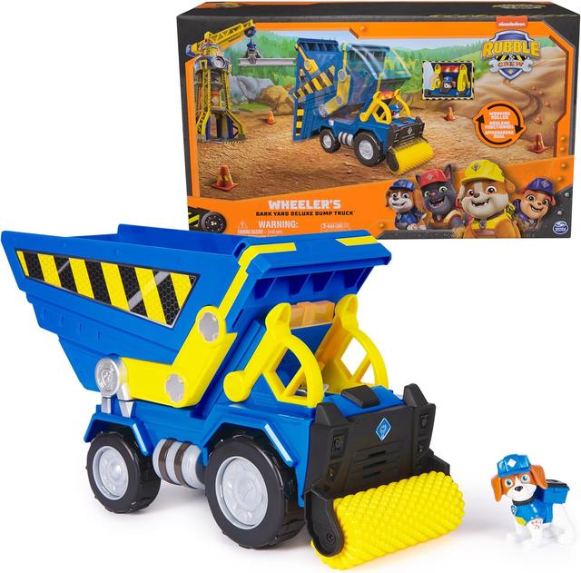 Product image of Rubble & Crew, Bark Yard Deluxe Dump Truck Construction Vehicle with Lights, Sounds & Wheeler Action Figure, Kids Toys for Boys & Girls Ages 3 and up