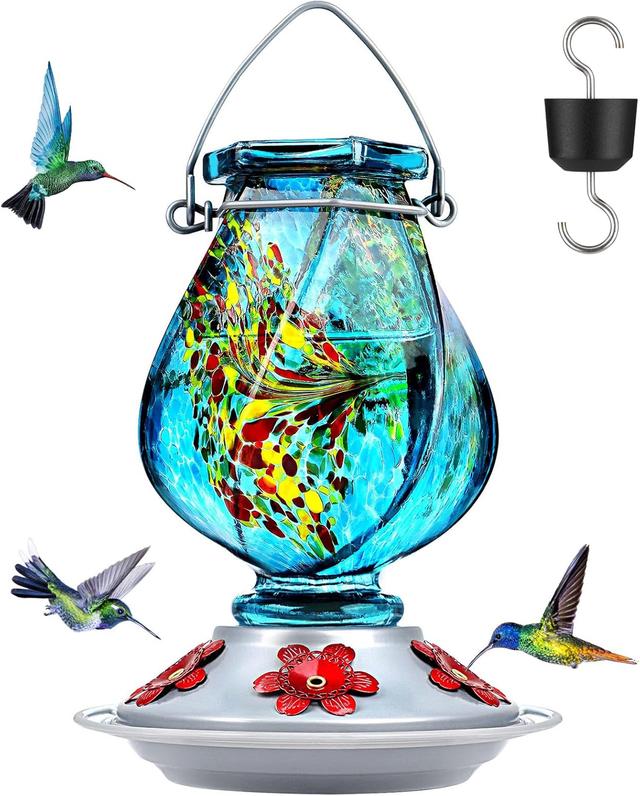 Product image of BOLITE Hummingbird Feeder, Hand Blown Glass Hummingbird Feeders for Outdoors Hanging, with Ant Moat and 5 Feeding Ports, 22 Ounces, Blue, Birthday Gifts for Women Men, Gifts for Mom Dad