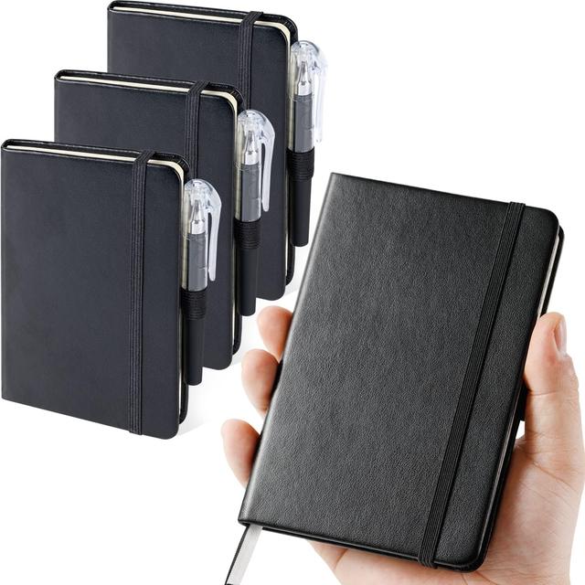 Product image of (3 Pack) Pocket Notebook Journal, Hardcover Small Mini Notebooks with Pens for Work, 3.7" x 5.7" A6 Notebook College Ruled with 100Gsm Premium Thick Lined Paper, Black Leather