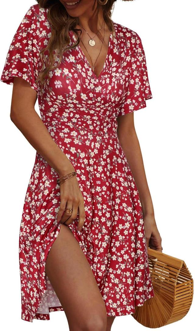 Product image of FENSACE Womens Sundress Summer Floral Short Sleeve Wrap V Neck A-Line Midi Dress