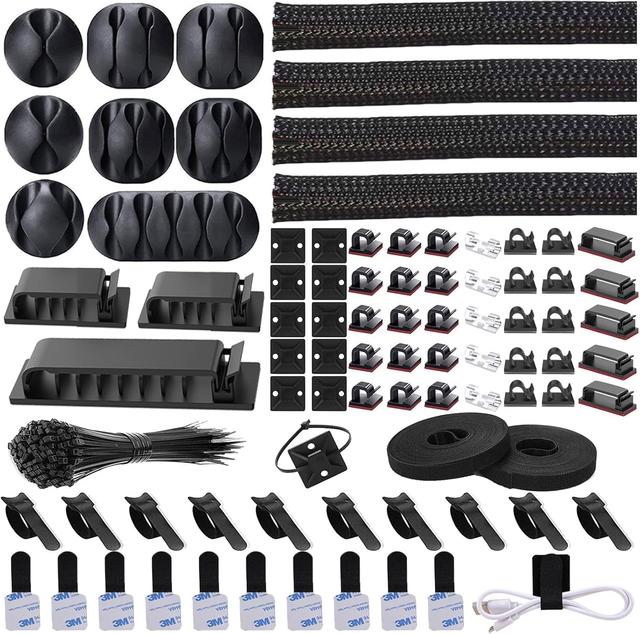 Product image of N NOROCME 192 PCS Cable Management Kit 4 Wire Organizer Sleeve,11 Cable Holder,35Cord Clips 10+2 Roll Cable Organizer Straps and 100 Fastening Cable Ties for Computer TV Under Desk, black,clear