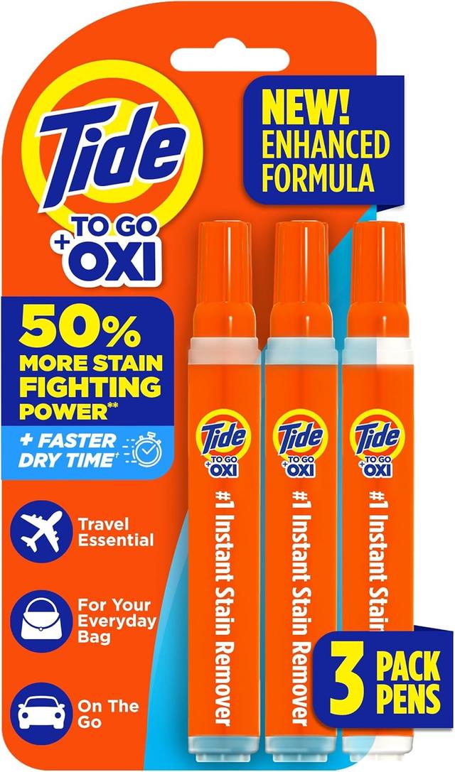Product image of Tide Pen Stain Remover for Clothes, Tide To Go Pen, Instant Stain Remover Pen & Spot Cleaner, Portable & Travel-Friendly, Works on Food & Drink Stains, Fits in Purses & Bags, 3 Count (Pack of 1)
