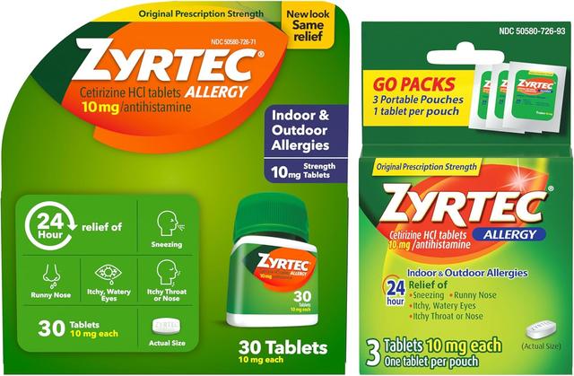 Product image of Zyrtec 24 Hour Allergy Relief Tablets, Indoor & Outdoor Allergy Medicine with 10 mg Cetirizine HCl Antihistamine for Allergies, Bundle of one, 30 ct Bottle & Three,1 ct Travel Packs