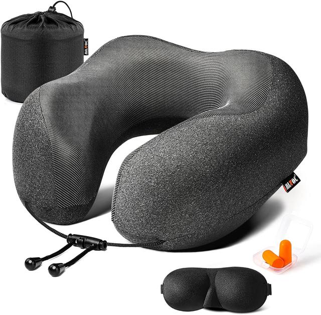 Product image of MLVOC Travel Pillow 100% Pure Memory Foam Neck Pillow, Comfortable & Breathable Cover, Machine Washable, Airplane Travel Kit with 3D Contoured Eye Masks, Earplugs, and Luxury Bag, Standard (Black)