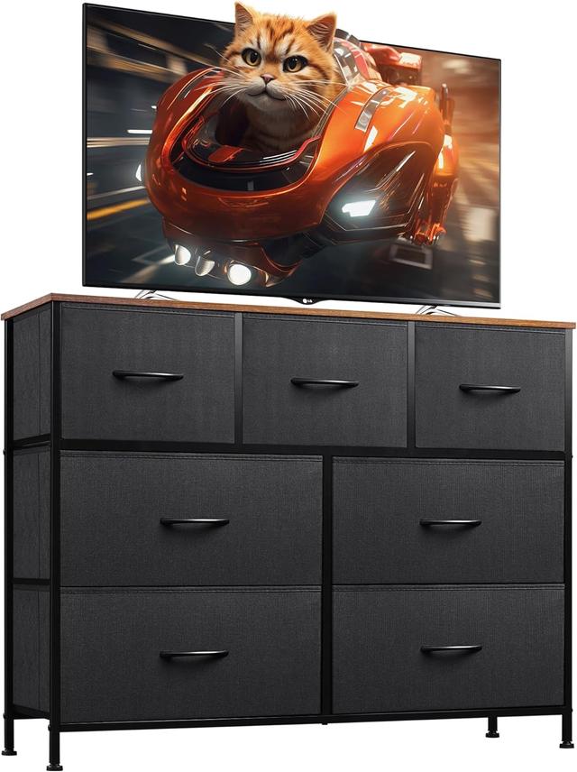 Product image of WLIVE 7 Drawer Dresser TV Stand, Entertainment Center, Media Console Table with Metal Frame and Wood Top for TV up to 45 inch, Chest of Drawers for Bedroom, Living Room, Black and Rustic Brown