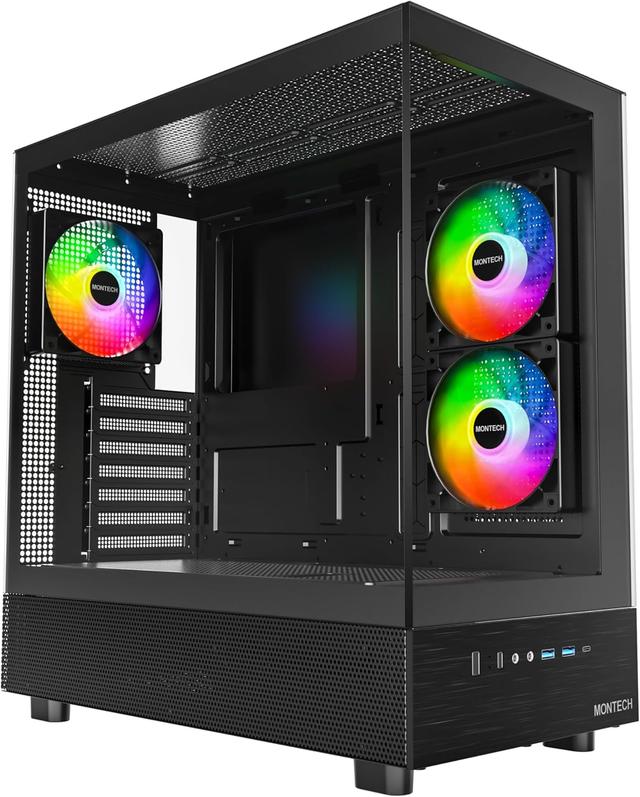 Product image of MONTECH XR, ATX Mid-Tower PC Gaming Case, 3 x 120mm ARGB PWM Fans Pre-Installed, Full-View Dual Tempered Glass Panel, Wood-Grain Design I/O Interface, Support 4090 GPUs, 360mm Radiator Support, Black