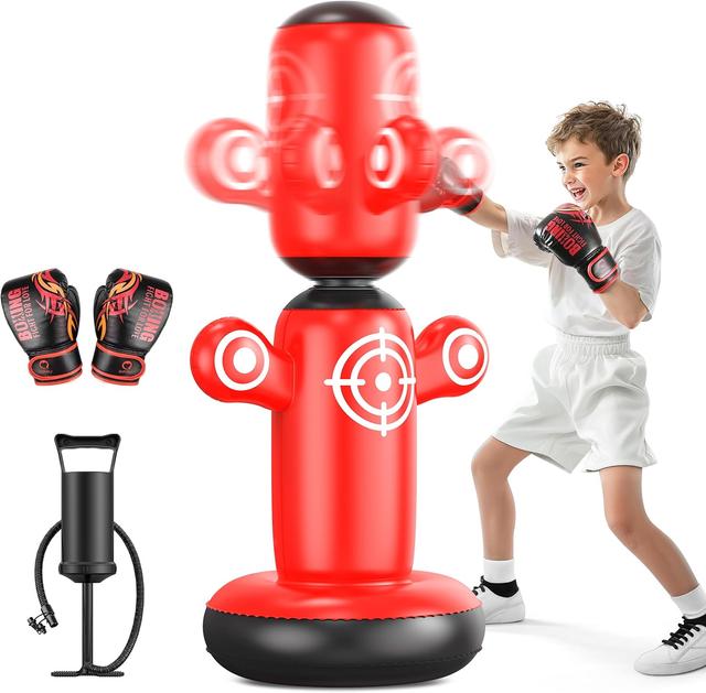 Product image of QPAU 360° Rotatable Punching Bag for Kids, Lager 64” Kids Punching Bag with Gloves, Hand Pump & 6 Targets, Bop Bag Inflatable Punching Toy, Karate Gifts for Boys, Girls