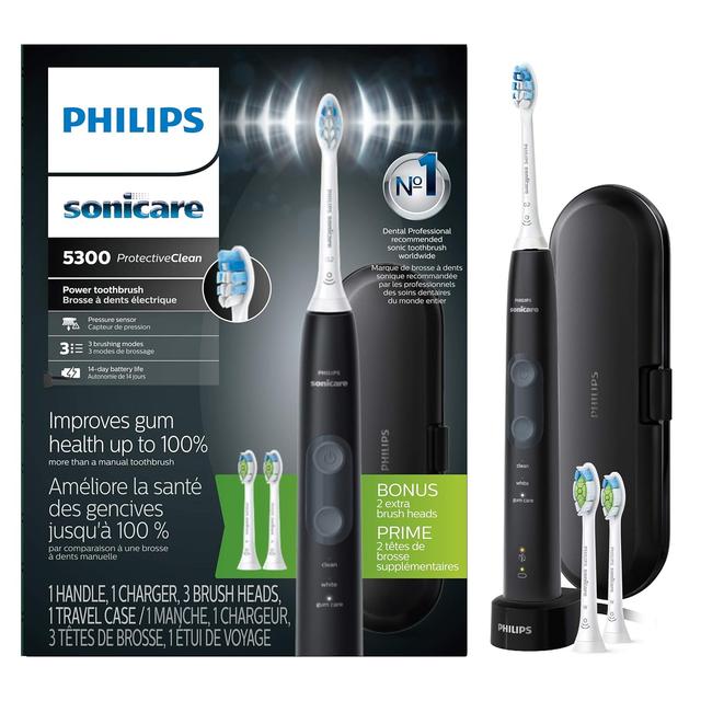 Product image of Philips Sonicare ProtectiveClean 5300 Rechargeable Electric Toothbrush, with Pressure Sensor, 3 Cleaning Modes, SmarTimer and QuadPacer, with 2 Bonus Brush Heads, Travel Case, Black, Model HX6423/34
