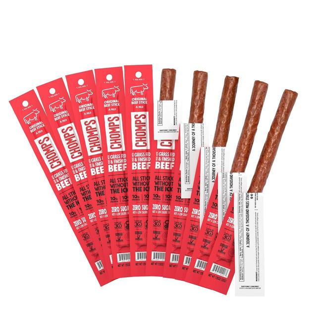 Product image of Chomps Grass-Fed and Finished Original Beef Jerky Snack Sticks 10-Pack - Keto, Paleo, Whole30, 10g Lean Meat Protein, Gluten-Free, Zero Sugar Food, Non-GMO