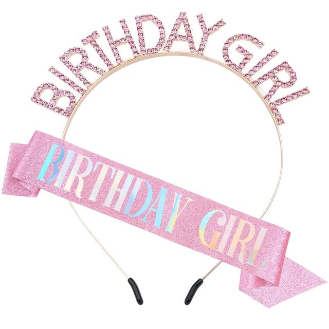 Product image of Glitter Birthday Sash, Tiara and Rhinestone Headband Set - Pink Birthday Accessories for Her