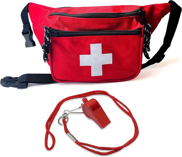 Product image of ASA TECHMED Lifeguard Fanny Pack with Whistle Lanyard - Baywatch Style First Aid Hip Pack w/Adjustable Strap, Cross Logo + Zipper Pouch, Emergency Equipment Set Red