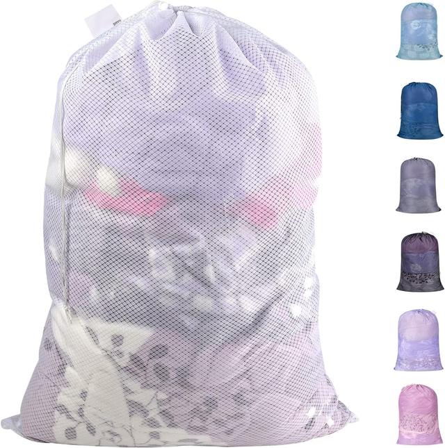 Product image of Polecasa Heavy Duty Diamond Mesh Laundry Bags with Drawstring Closure and ID Tag, Large Durable Laundry Hamper Liner, Washable Laundry Bag for Travel, Sports, Dorms (24"x 36"| 1 Pack) - White