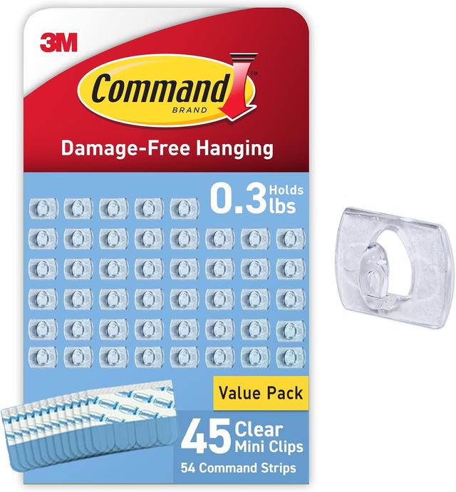 Product image of Command Indoor Mini Light Clips, Damage Free Hanging Christmas Light Clips, Mini Wall Clips for Hanging Indoor Christmas Decorations, Lights and Cables, 45 Clear Clips and 54 Command Strips