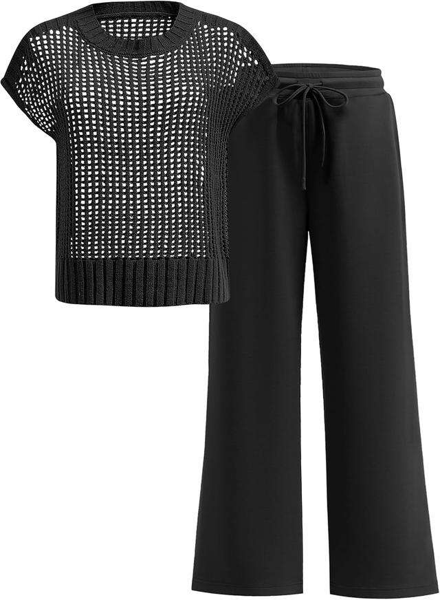 Product image of ANRABESS Women Two Piece Outfits Crochet Sheer Knit Sweater Top Wide Leg Pants Lounge Matching Sets Sweatsuit Travel Clothes