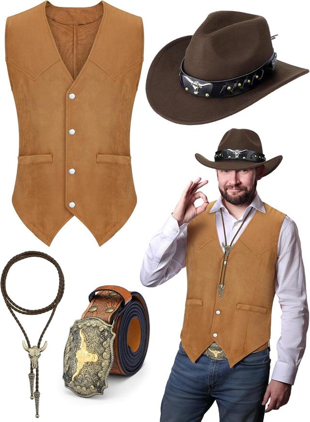 Product image of 4 Pcs Western Outfits for Men Cowboy Suede Leather Vest Hat Necktie Buckle Belt for Halloween Costume Party