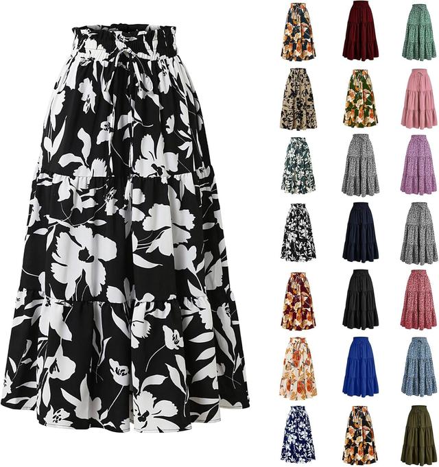 Product image of Floral Maxi Skirts for Women Trendy Summer Boho Tiered Long Flowy Skirt Drawstring High Waisted Swing A-Line Skirt