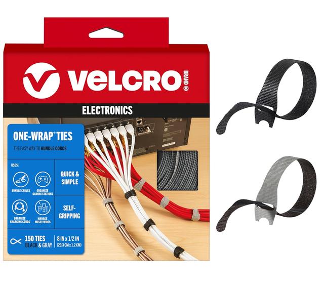 Product image of VELCRO Brand 150pk Cable Ties Value Pack | Replace Zip Ties with Reusable Straps, Reduce Waste | For Wire Management and Cord Organizer | 8 x 1/2" Thin Pre-Cut Design, Black and Gray