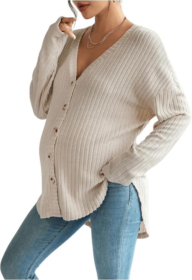 Product image of COZYEASE Women's Maternity Ribbed Knit Button Down Tee Shirt Drop Shoulder V Neck Sweater Top
