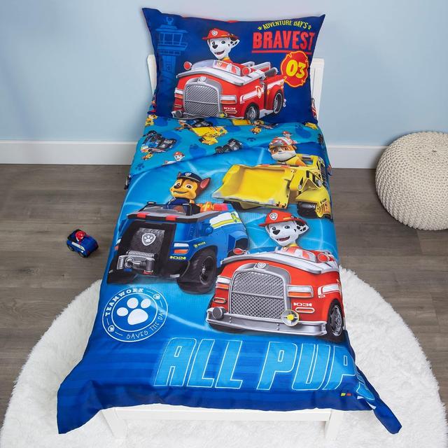 Product image of Paw Patrol Calling All Pups 4 Piece Toddler Bedding Set – Includes Comforter, Sheet Set – Fitted + Top Sheet + Reversible Pillowcase for Boys Bed, Blue