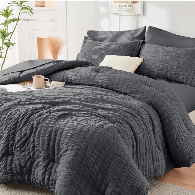 Product image of HYMOKEGE Queen Comforter Set Seersucker 7 Pieces, All Season Luxury Bed in a Bag for Bedroom, Bedding Set with Comforters, Sheets, Pillowcases & Shams, Dark Grey