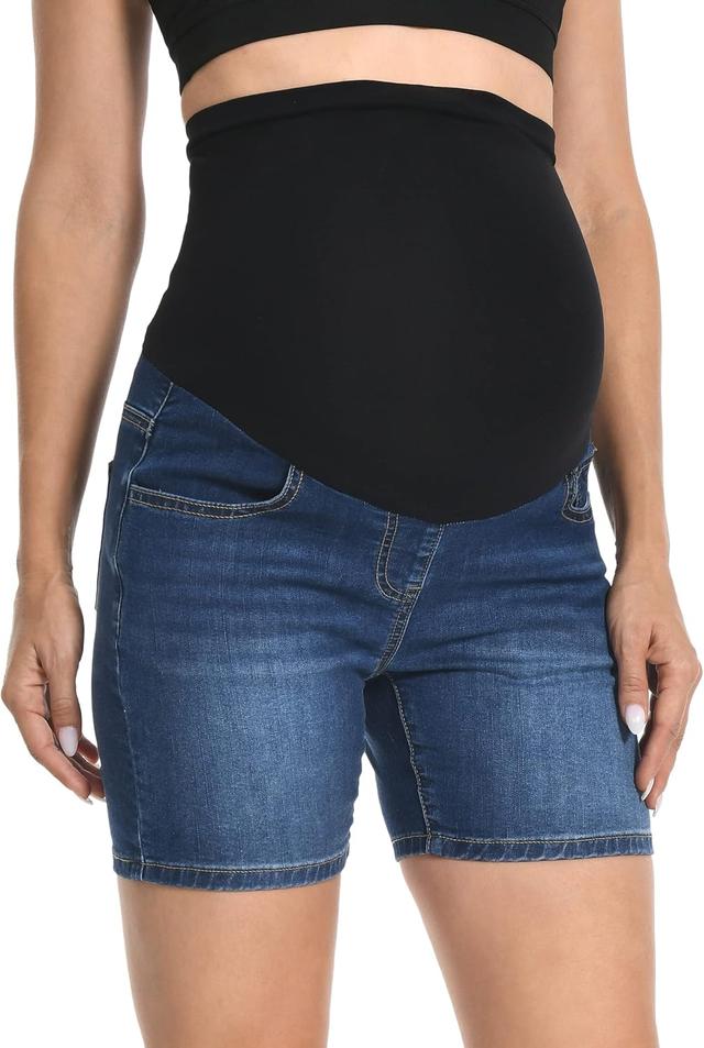 Product image of V VOCNI Maternity Denim Shorts Over The Belly Rolled Cuff Midrise Bermuda Short Pregnancy Jean Shorts